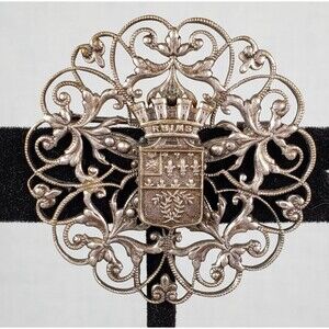 Vintage French Heraldic Crowned Reims Crest Filigree Floral Silver Plated Brooch